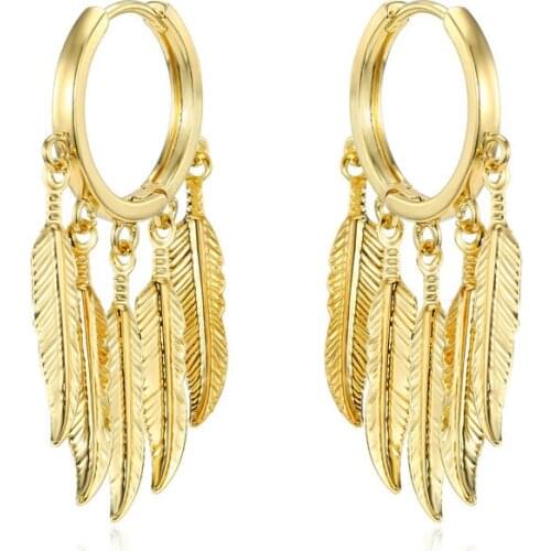 1Pair Vintage Gold Metal Color Feather Hoop Earrings European Women Unique Trendy Multiple Long Leaves Circle Earrings Jewelry