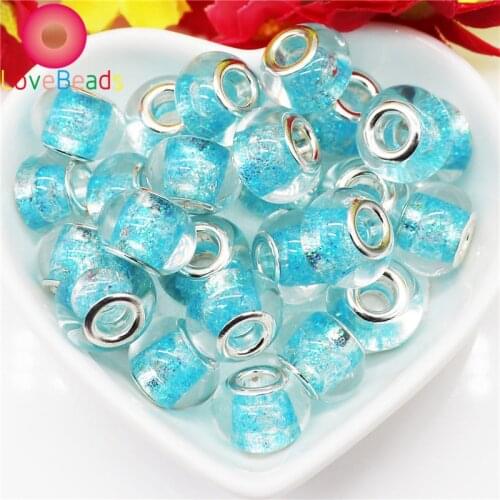 10Pcs Blue Glitter Glass Beads Murano Silver Plated Large Hole European Spacer Beads Fit Pandora Bracelet Pendant Charms Jewelry