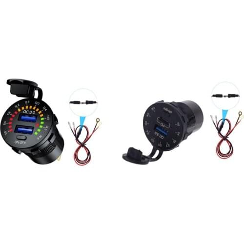 12V 24V QC 3.0 Dual USB Car Charger Waterproof 18W USB Outlet Fast Charge with LED Voltmeter ON OFF Switch Power Cable W91F