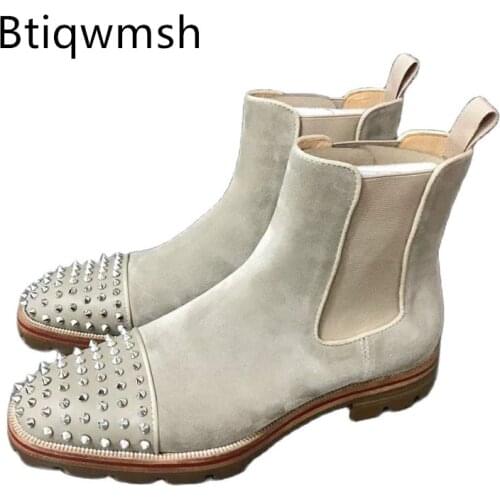 Beige Suede Studded Chelsea Boots Man Round Toe Silver Rivet Flat Shoes Male Fashion Ankle Boots