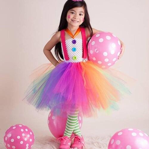 Kid Clown Cosplay Costume Rainbow Fluffy Girls Birthday Party Dress Children Halloween Carnival Pageant Clown Dress Up Clothes