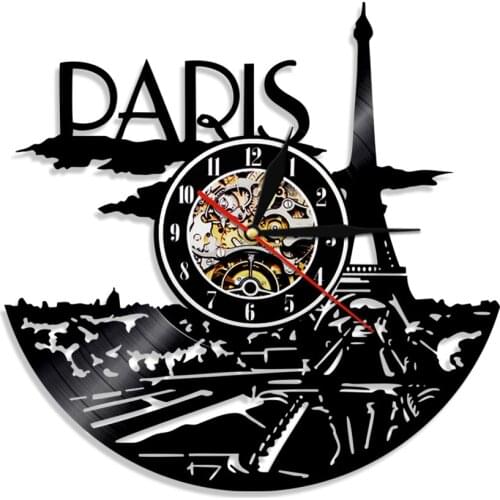 Paris Decor Tower Silhouette Paris Clock French Cityscape Skyline Wall Decor Made Of Vinyl Record Clock Gift