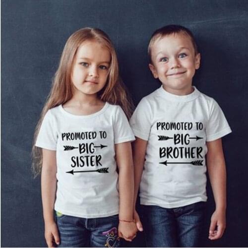 Promoted to Sister and Brother Kids Boys Girls T-shirt Summer White Short Sleeve Children Clothes Tops O-neck Boys Girls Tshirt