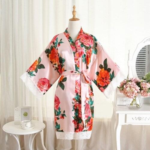 Lace Trim Flower Print Kimono Robe Ladies Summer New Satin Bath Gown Spring Autumn Bathrobe V-Neck Night Dress Lounge Sleepwear