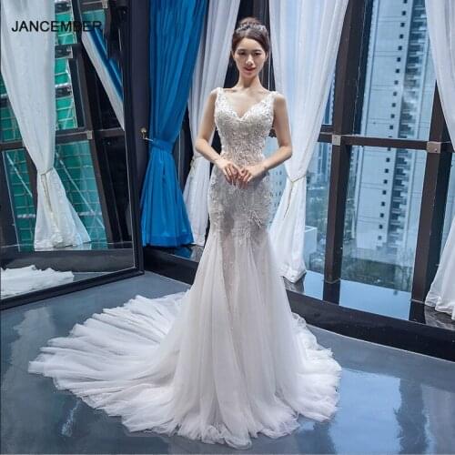 J66688 jancember mermaid wedding dresses with train V-neck sleeveless bridal wedding gown 2019 engagement vestido noivado curto