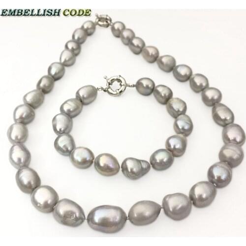Pearls necklace and bracelet set pearl gray grey color semi baroque teardrop irregular shape natural freshwater pearl