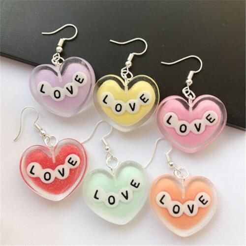 1Pair Cute LOVE Earrings Multicolor Flatback Resin Heart Drop Earring For Kids Gifts Woman Jewelry