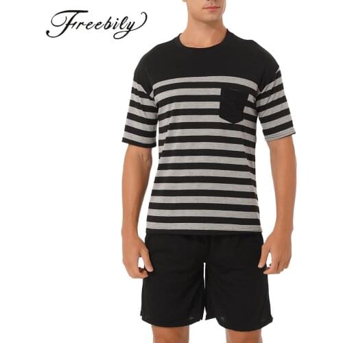 Men Striped Pajama Set Cotton Sleepwear Homewear Nightwear Round Neck Short Sleeve T-shirt with Drawstring Shorts