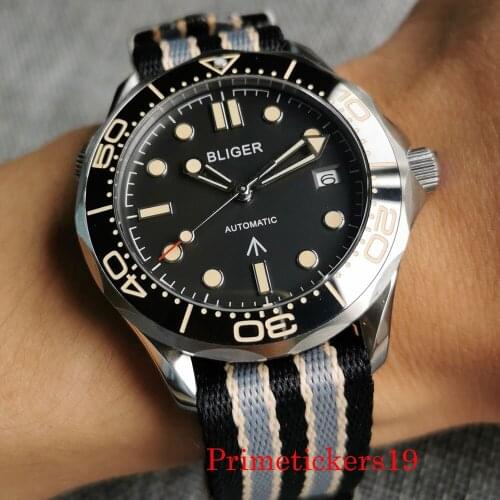 41mm Mens Wristwatch Auto Date Sapphire Crystal Yellow Marks NH35 MIYOTA 8215 Automatic Movement Nylon Band Screw Down Crown