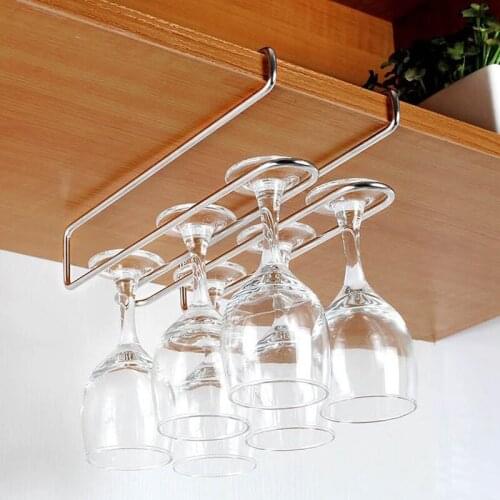 Stainless Steel Wine Glass Hanger Under Cupboard Cup Holder Cabinet Hanging Drainer Double Row Hooks