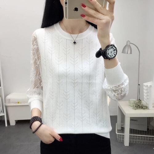 Autumn and winter new black round neck lace knit bottoming shirt sweater ladies tops