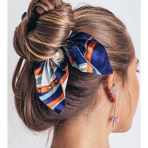 2019 New Chiffon Bowknot Silk Hair Scrunchies Women Pearl Ponytail Holder Hair Tie Hair Rope Rubber Bands Hair Accessories
