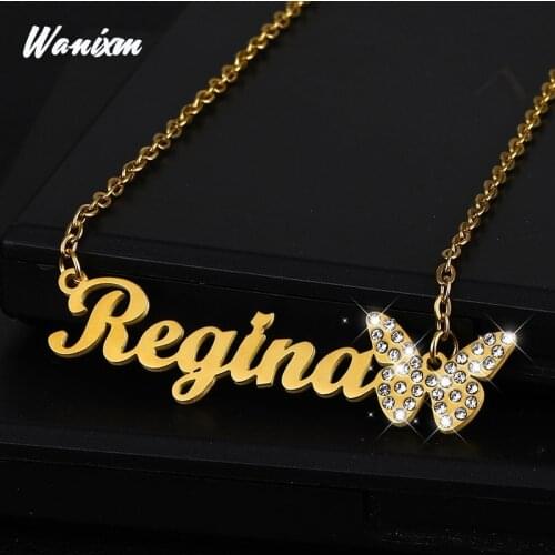 Personalized Name Necklace Zircon Butterfly Chain Stainless Steel Custom Necklaces for Women Gold Pendants 2020 Vintage Jewelry