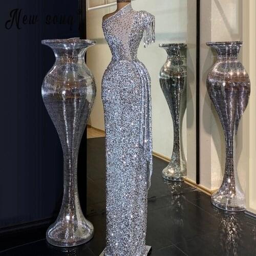 Luxury Full Sequins One Shoulder Evening Dress 2021 Diamond Tassels Long Evening Gowns Saudi Arabic Longue Robes