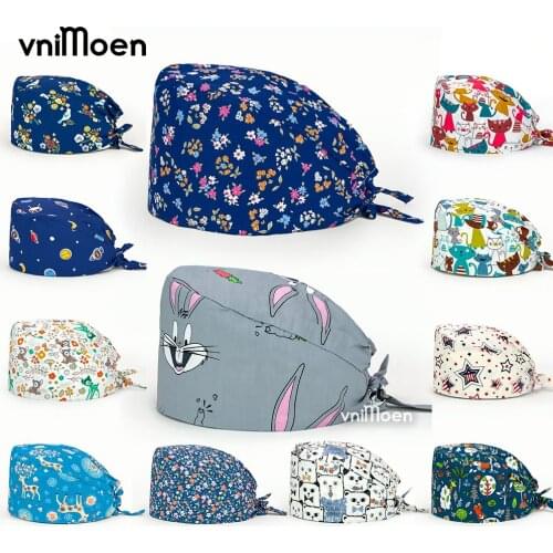 High quality Breathable Pure cotton cartoon anime printing Scrub hat adjustable biological science laboratory pet shop scrub cap