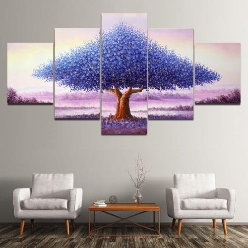 Nordic 5 Panels Canvas Landscape Purple Sky BlueTree Painting Wall Art Poster Print Paintings For Living Room Cudros Decor