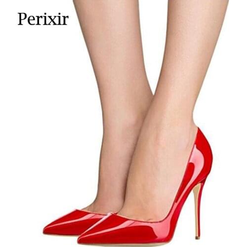 Perixir Womens Red Patent Leather High-Heeled Shoes Pointed Toe Pumps 2021 Summer New Simple Ladies Stiletto Shoes Size 35-44