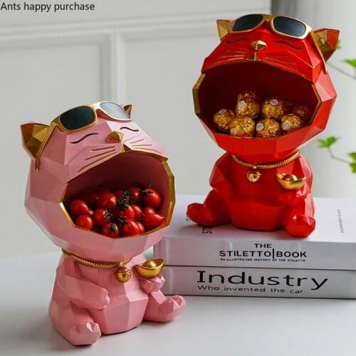 Creative Geometric Resin Lucky Cat Sculpture Crafts Cute Cartoon Big Mouth Animal Candy Small Object Storage Box Home Decoration