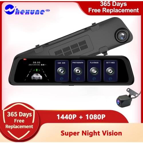 WHEXUNE Dual Lens 1080P 12" IPS Touch Screen Car DVR Stream RearView Mirror Dash Camera Dual Lens Night Vision Parking Monitor