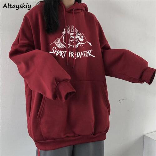 With Hat Hoodies Sweatshirts Women Cartoon Loose College Fashion All-match Plus Velvet Casual Korean Style Female Thicker Soft