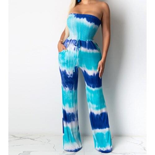 2021 Women Tie Dye Printed Strapless Wide Leg Jumpsuit Sexy Halter Tube Top Bohemian Wide Leg Siamese Pants With Mask Set