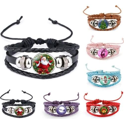 Women Cartoon Santa Claus Design Leather Beads Bracelet Lady Weave Lucky Bracelets Jewelry d88