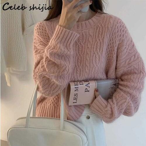 Pink Woman Woolen Sweater Criss-cross O-neck Long-sleeve Knit Jumper Female Thicken Soft Sweet Pullover Female Autumn Winter