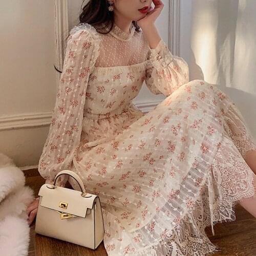 Spring Winter Women Lace Long Dress Floral Patchwork Maxi Dress Knit Stand Neck Slim Long Sleeve Sweet One-piece Vintage 2021