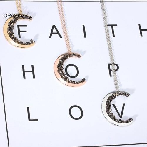 Crystal Moon Necklace Jewelry Gift for Women Planet Half Moon Pendant Charm Chain Necklace PT