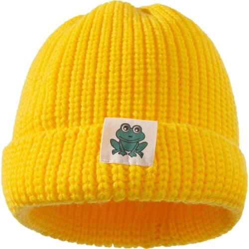 Winter Kids Fresh Solid Color Knitted Hat, Cartoon Frog Applique Knit Warm Beanie Cap for Children Girls/Boys, 0-3 Years