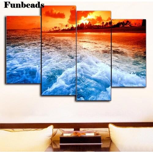 5d Round Diamond Painting Full Drill Square Sunset waves Mosaic Cross Stitch Sea view Handmade DIY Embroidery Gift 4PCS FF3845