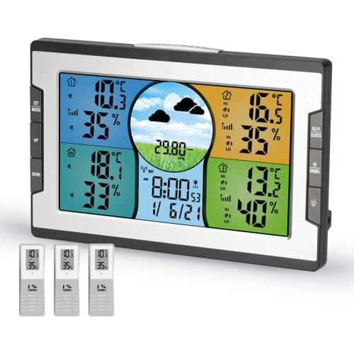 Digital Alarm Clock Multifunctional Clock RF 4 Channels Temperature Humidity Indicator with Warning Alarm Meteorological Station