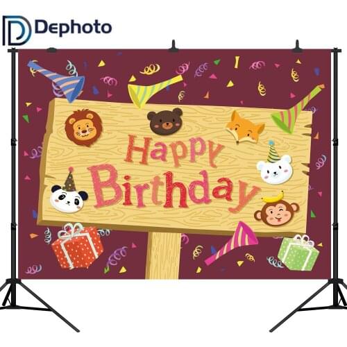 Dephoto Happy Birthday Backdrop with Animals Cartoon Style Party Decoration Customized Photography Backdrops For Photo Studio