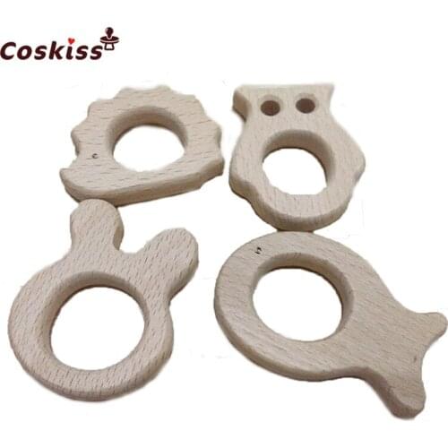 DIY Baby Teether Toys Organic Natural Beech Wooden Rabbit-Owl-Fish-Hedgehog Hand Cut Toys Baby Wooden Teether Gift