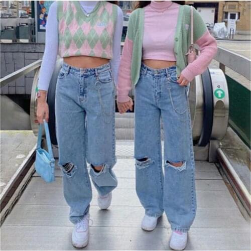 Women Fashion Casual Streetwear Chic Wide Leg Jeans High Waist Zip Loose Ripped Hope Harajuku Blue Denim Pants With Metal Chain