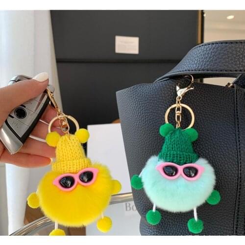 Kawaii Real Rabbit Fur Dolls Pendant Plush Car Keychain Cute Bag Ornaments Key Chains For Women Couple Knitted Hat Handmade D898