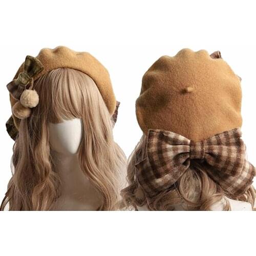Girls Winter Beret Cap Cute Plaid Big Bow Painter Wool Hat