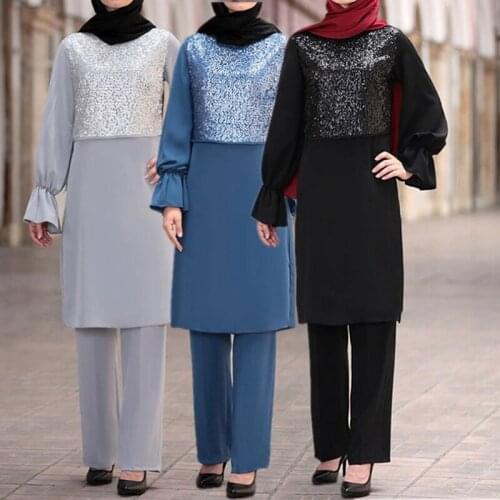 Fashion Muslim Womens Shiny Suit Spring Summer Long-sleeved Chiffon Shirt Pants Suits Streetwear Stitching Tops Straight Pants