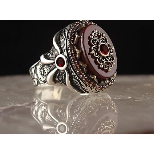 Agate Stone Pen Engraved Silver Men 'S Ring