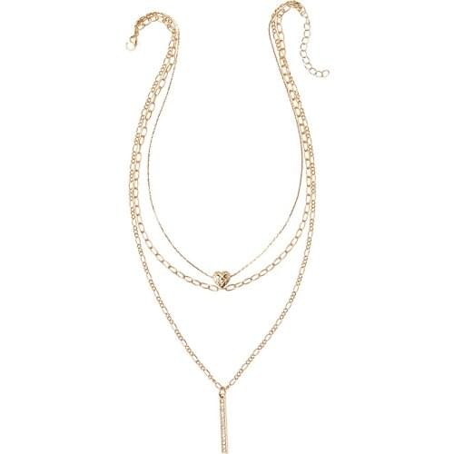 NEW DESIGNED GOLD PLATED MULTI LAYERS WITH HEART AND PAVE BAR NECKLACE