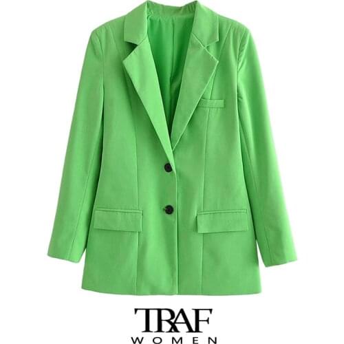 TRAF Za Women Fashion Single Breasted Loose Blazer Coat Vintage Long Sleeve Flap Pockets Female Outerwear Chic Veste