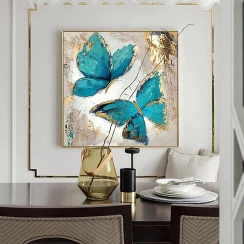 Blue Butterfly and Abstract Flowers Posters and Prints Canvas Painting Cuadros Wall Art Pictures for Living Room Home Decoration