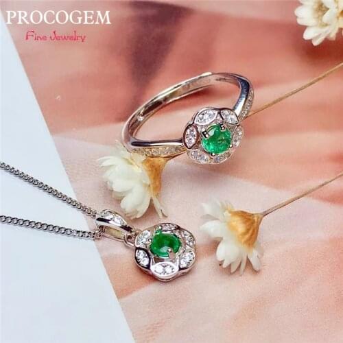 PROCOGEM Natural Emerald jewelry sets for Women Lovely Fine Jewelery sets Genuine Green Gemstones Pendant Ring S925 silver #742