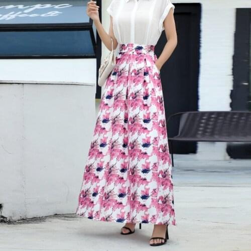 Ready Stock Womens Fashion Maxi Stain Skirts Elastic Stretch Waist Floral Ankle-Length Casual Pleated Summer Womens Skirts