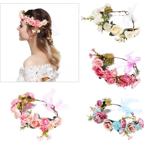 Spring Bohemian Flower Crowns Beach Hawaii Floral Garland Romantic Faux Rose Wedding Wreaths New Flower Headband Wrist Headwear