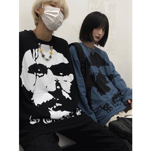 Korean Hip Hop Hippie Portrait Long Sleeve T-Shirt Woman Couple Oversize Tee Gothic Clothes Emo Urban Top 90s Tee Grunge Y2k