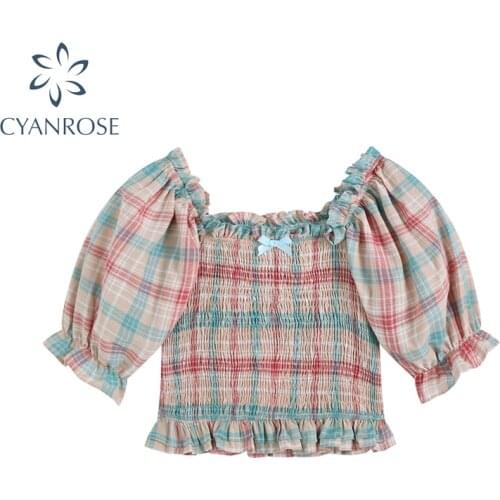 Womens Crop Blouse 2021 Summer Square Collar Short Puff Sleeve Vintage Sweet Korean Style Slim Pink Plaid Shirts Tops Female