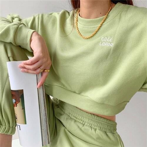 Women Letter Embroidery Two Piece Sets Fashion O Neck Pullover Cropped Tops And Jogging Sweatpants Suits Casual Female Outfits