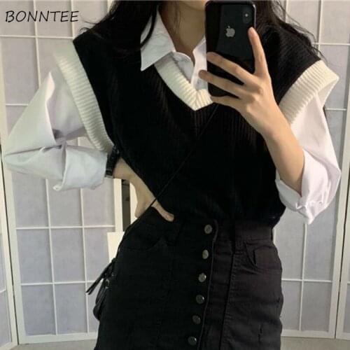 Sets Women 2 Piece Solid Long Sleeve Basic Shirts V-Neck Patchwork Knitting Sweater Vest Trendy Leisure Ulzzang College Vintage