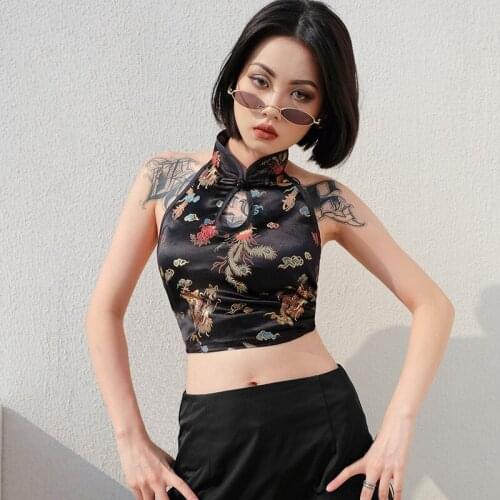 Style Sexy Women Cheongsam Halter embroidery backless vest top bow knot tied Crop Top Tee